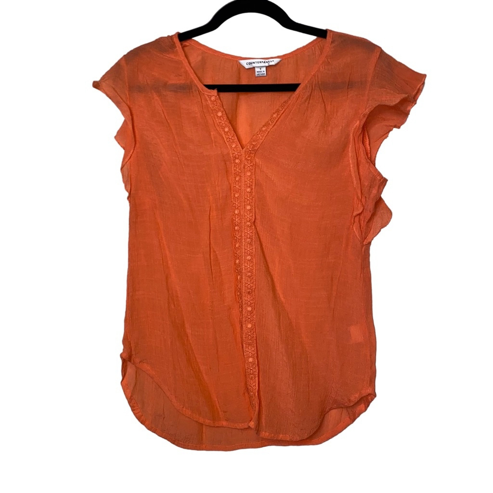 Women's Counterparts Cap Ruffle Sleeve Sheer V-Neck Blouse Top S Coral